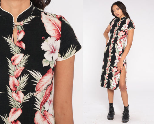 90s Young Hawaii Black Hibiscus Mandarin Collar Dress Pink Palm Small S