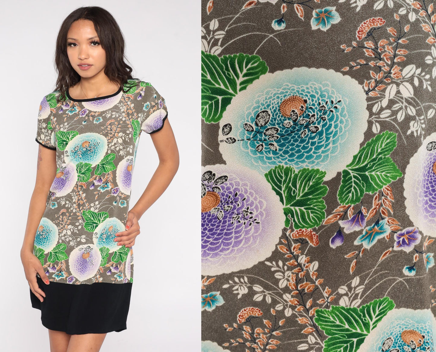 90s Floral Mini Dress Grey Turquoise Lilac Leaf Print Ringer Trim Small S