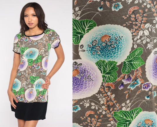 90s Floral Mini Dress Grey Turquoise Lilac Leaf Print Ringer Trim Small S