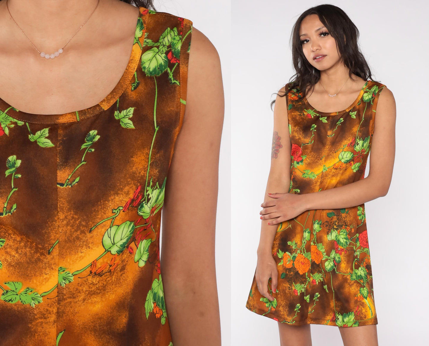 70s Floral Mini Dress Burnt Orange Rose Print Shift Sleeveless Medium