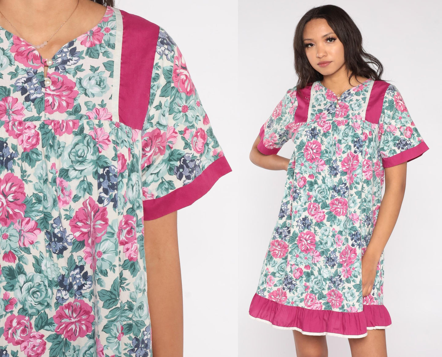 80s Floral Mini Dress Pink Rose Navy Flowers Fuchsia Trim Keyhole Medium