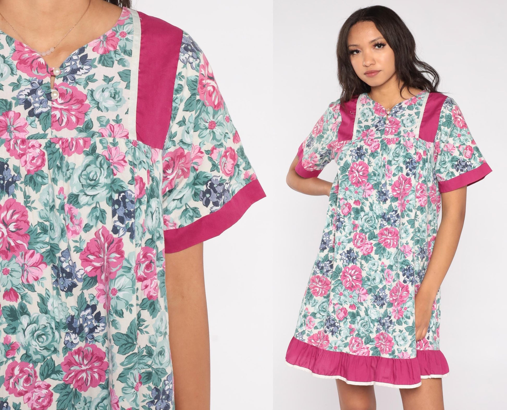 80s Floral Mini Dress Pink Rose Navy Flowers Fuchsia Trim Keyhole Medium