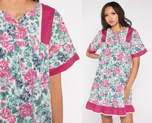 80s Floral Mini Dress Pink Rose Navy Flowers Fuchsia Trim Keyhole Medium