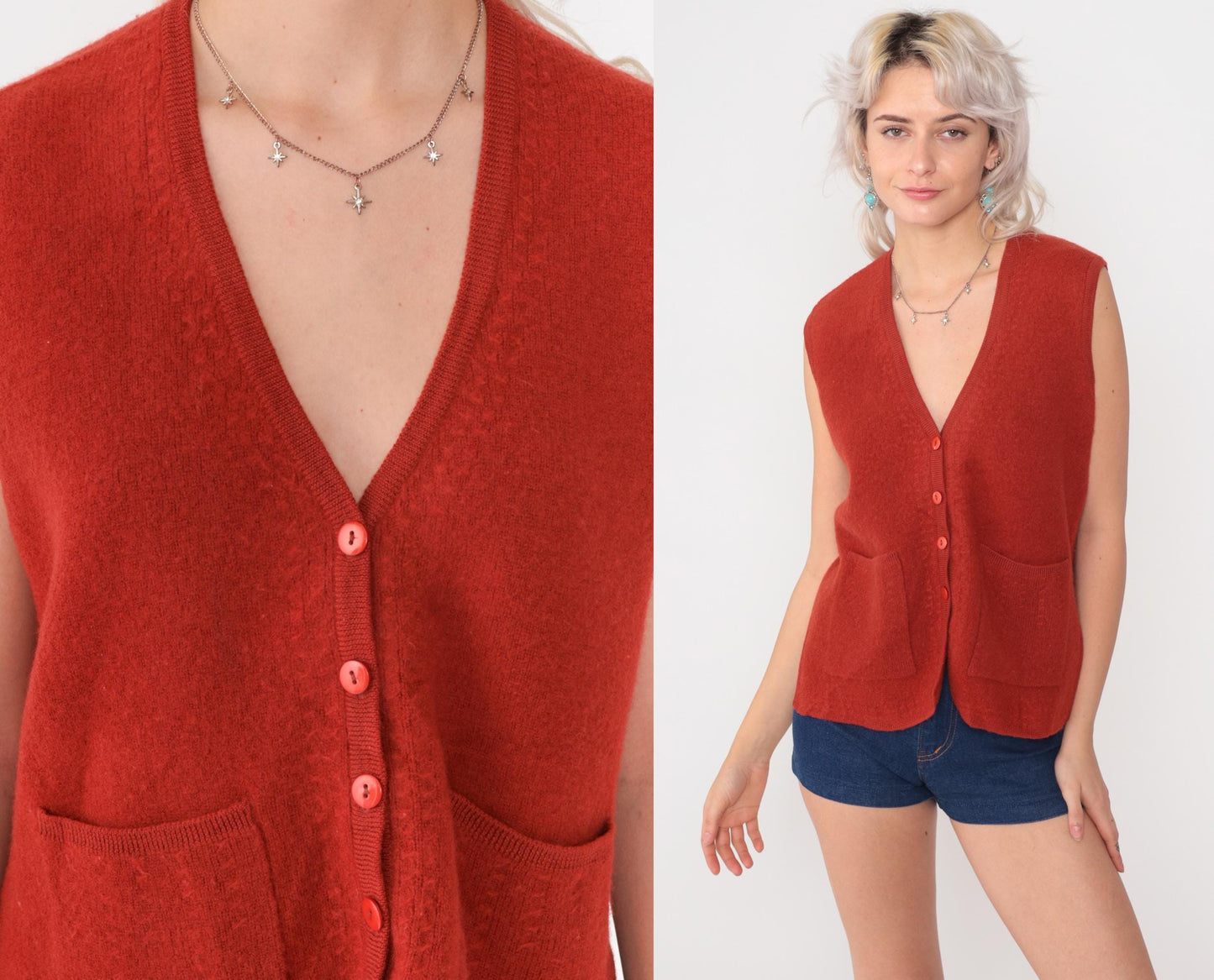 70s Wool Sweater Vest Orange Button Front V-Neck Knit Medium M