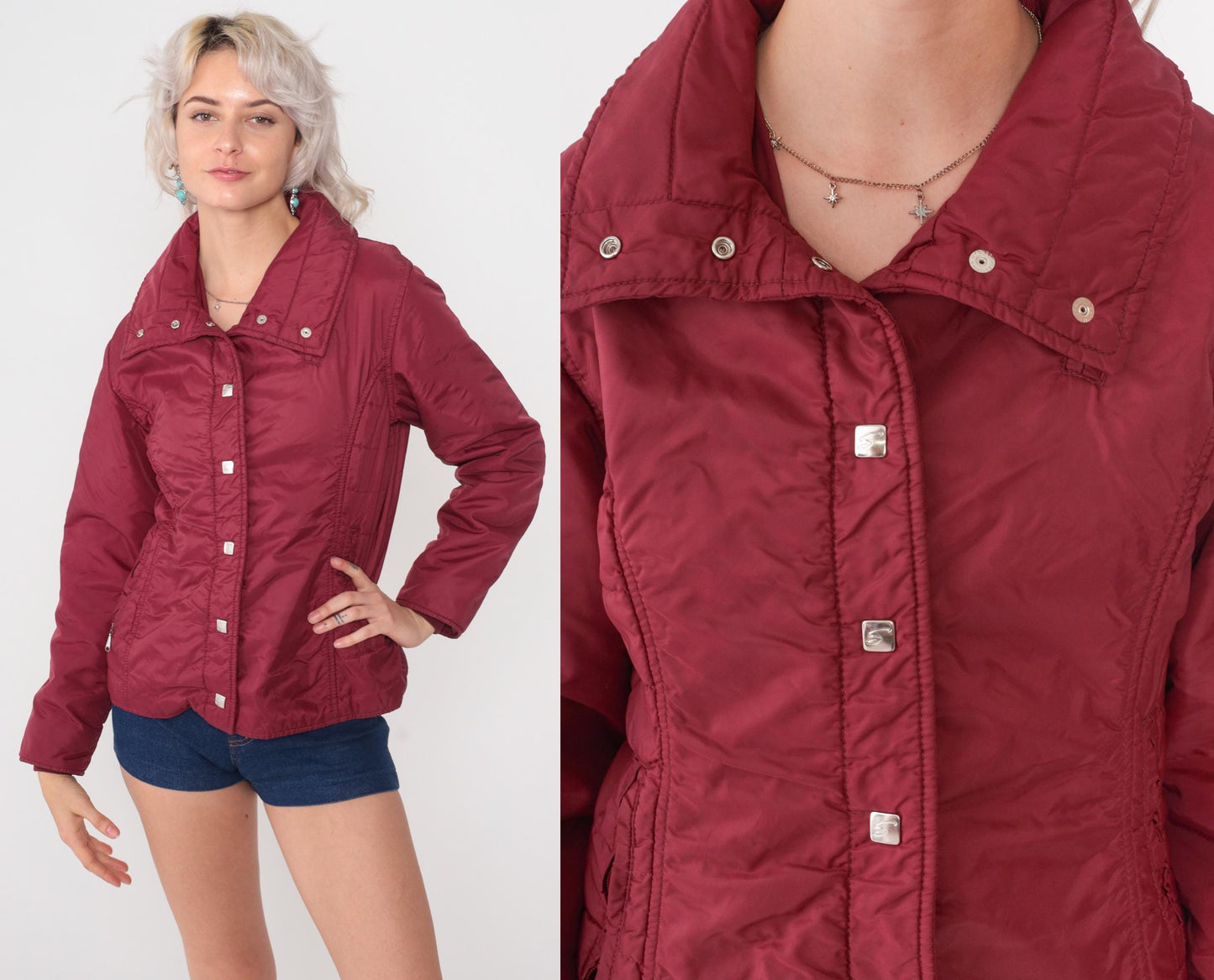 80s Sportscaster Burgundy Nylon Puffer Jacket Snap Front Small