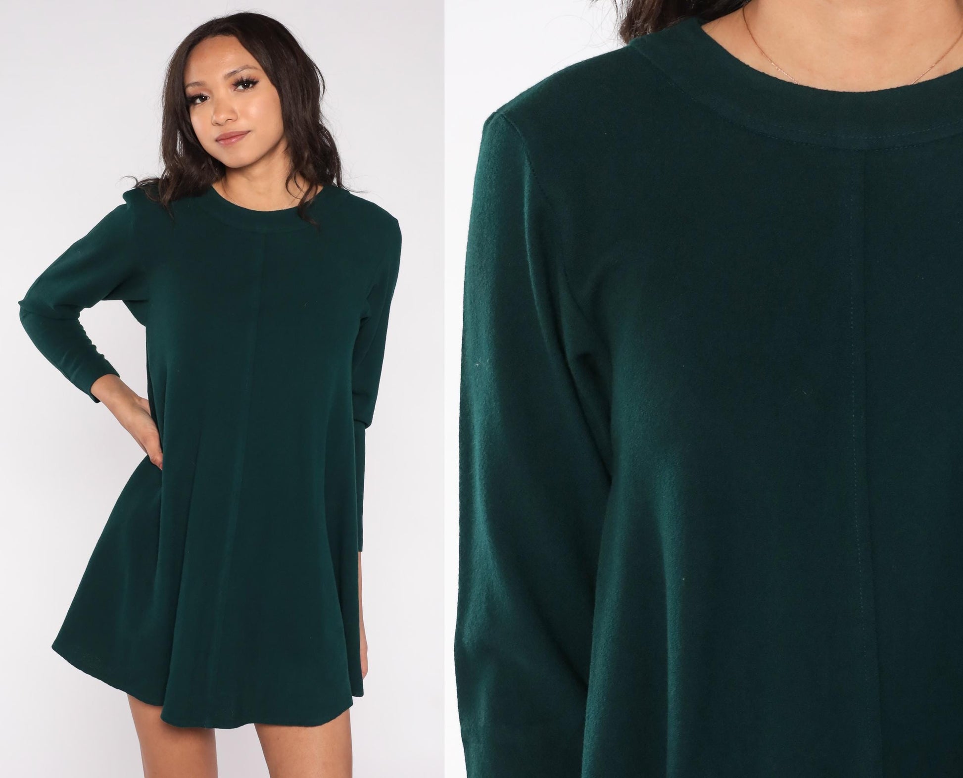 90s Forest Green Wool Blend Mini Dress Long Sleeve A-Line Back Zipper Small
