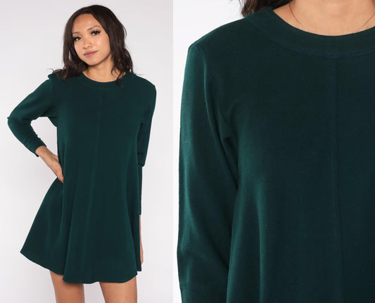 90s Forest Green Wool Blend Mini Dress Long Sleeve A-Line Back Zipper Small