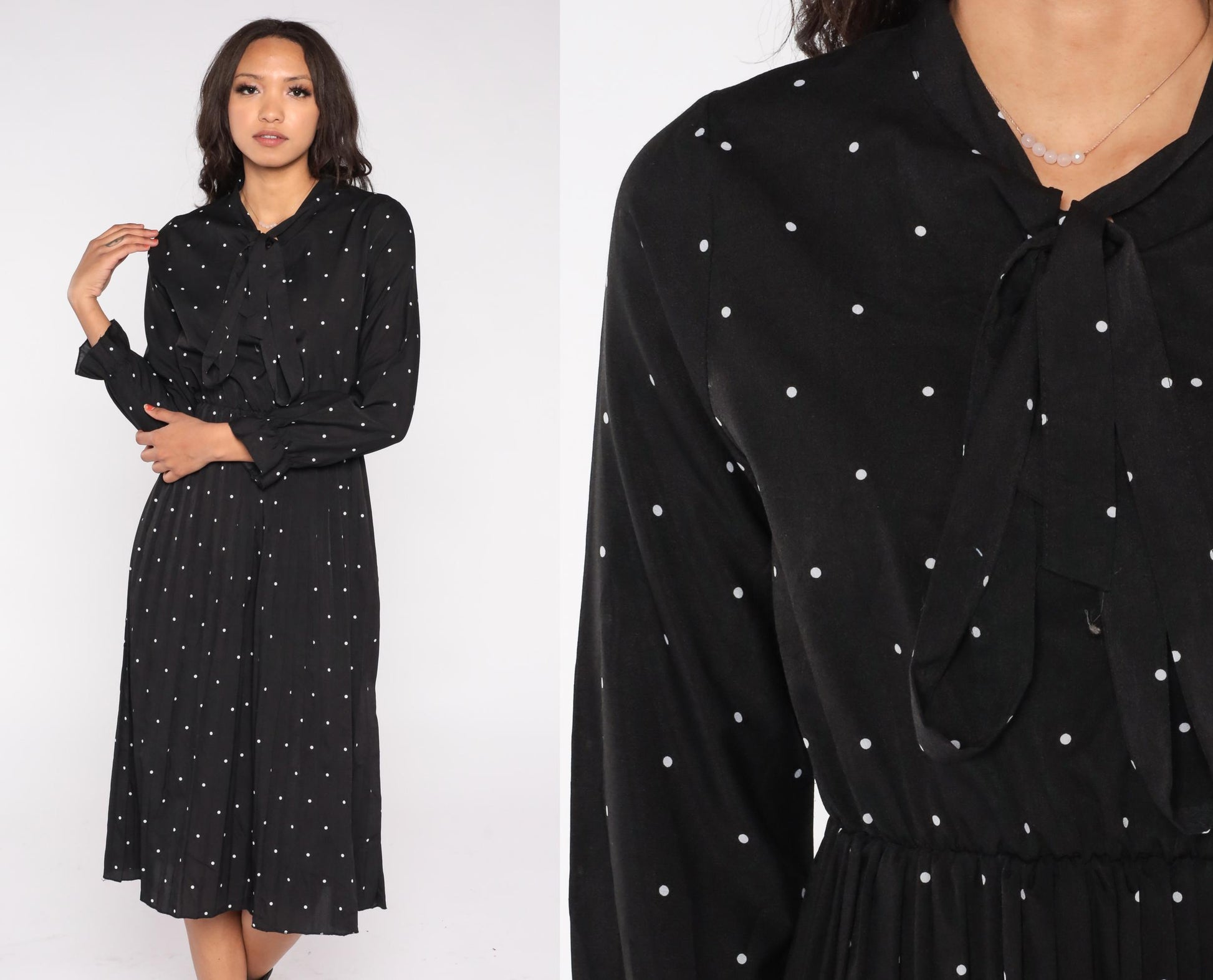 Y2K Black Polka Dot Midi Dress White Dots Pussy Bow Long Sleeve Medium