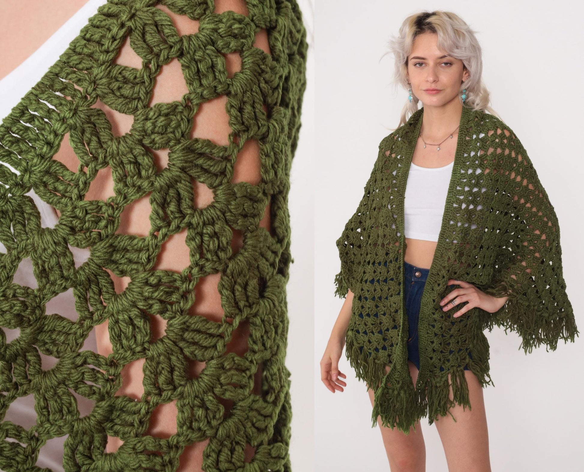 70s Olive Green Crochet Poncho Shawl Fringe Cape One Size