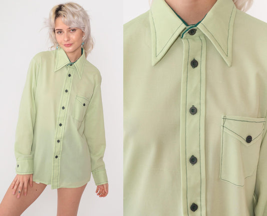 70s Mint Green Button Up Shirt Long Sleeve Collared Men's Large