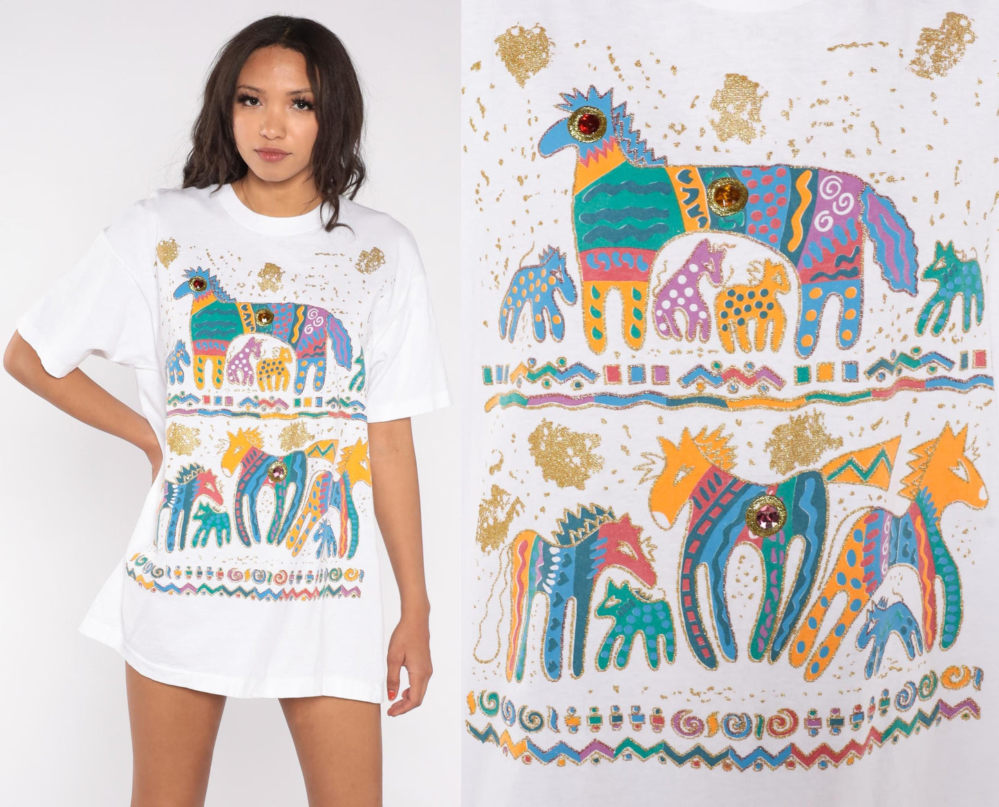 90s Fruit of the Loom Southwestern Horse Graphic T-Shirt Gold Glitter Jeweled Extra Large XL