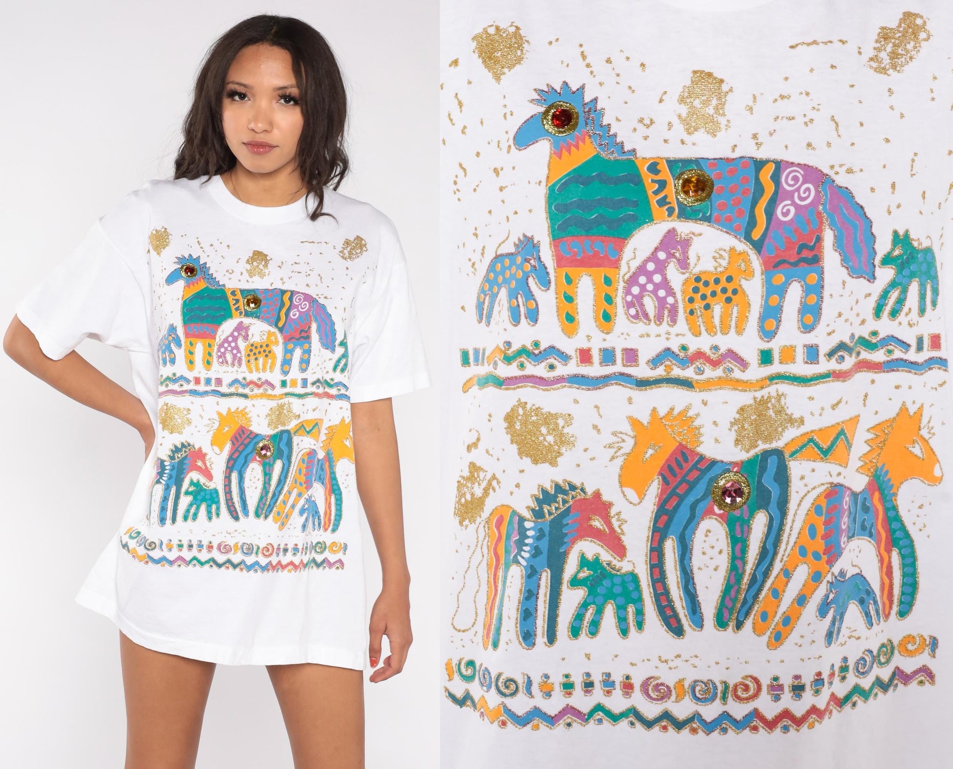 90s Fruit of the Loom Southwestern Horse Graphic T-Shirt Gold Glitter Jeweled Extra Large XL