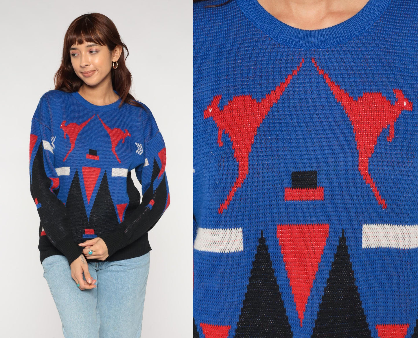 80s Hysport Australian Wool Sweater Kangaroo Geometric Colorblock Royal Blue Medium