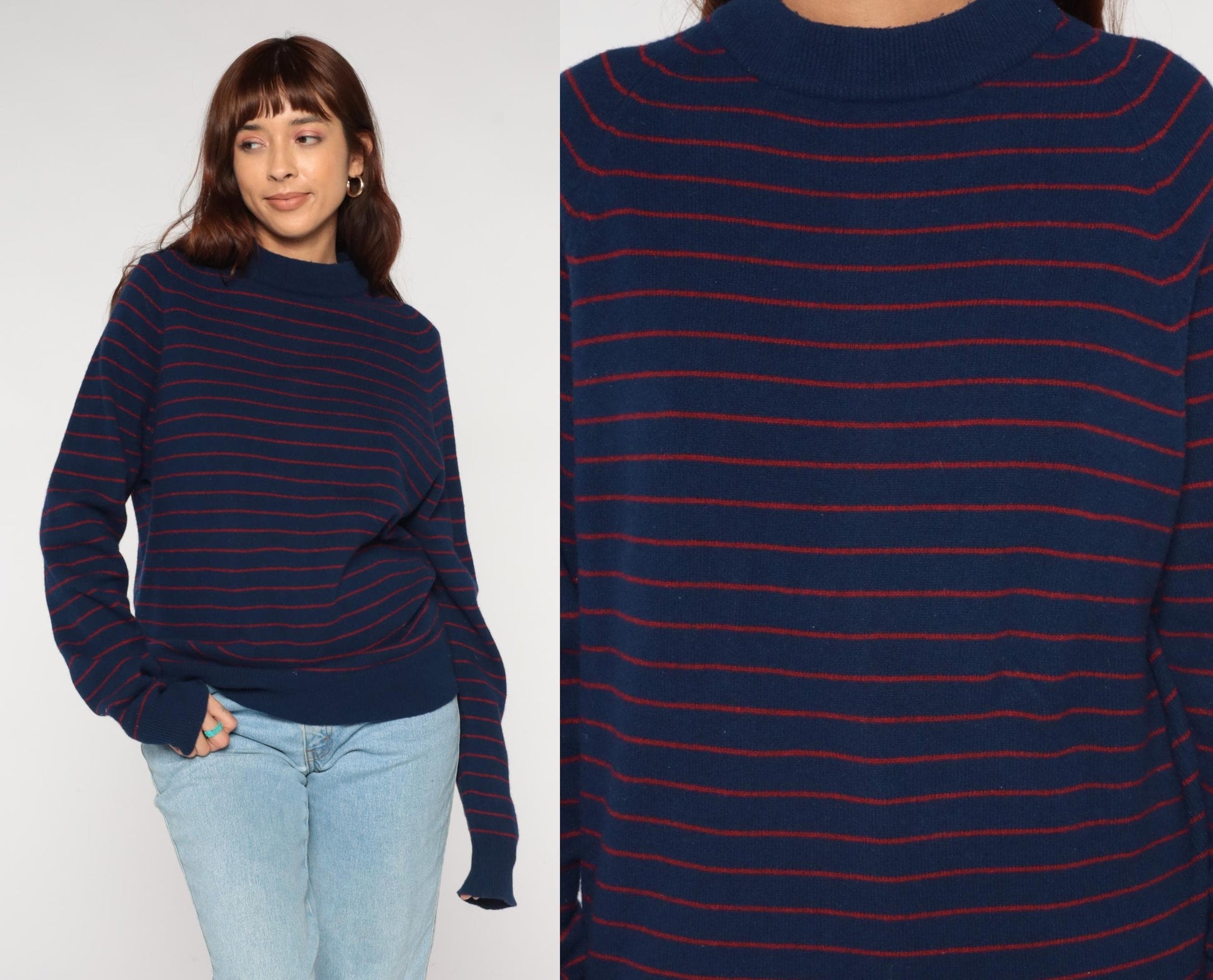 80s Vaughn Lambswool Nautical Sweater Navy Striped Mock Neck Medium