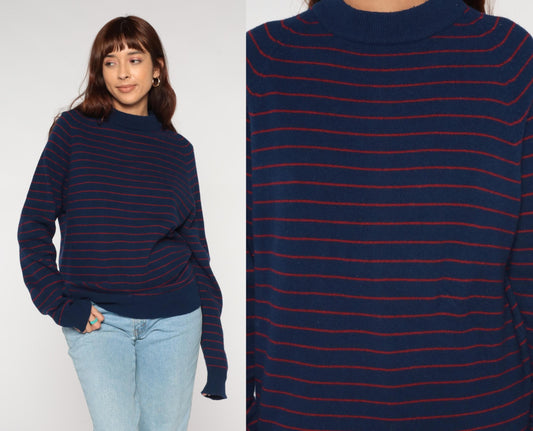 80s Vaughn Lambswool Nautical Sweater Navy Striped Mock Neck Medium