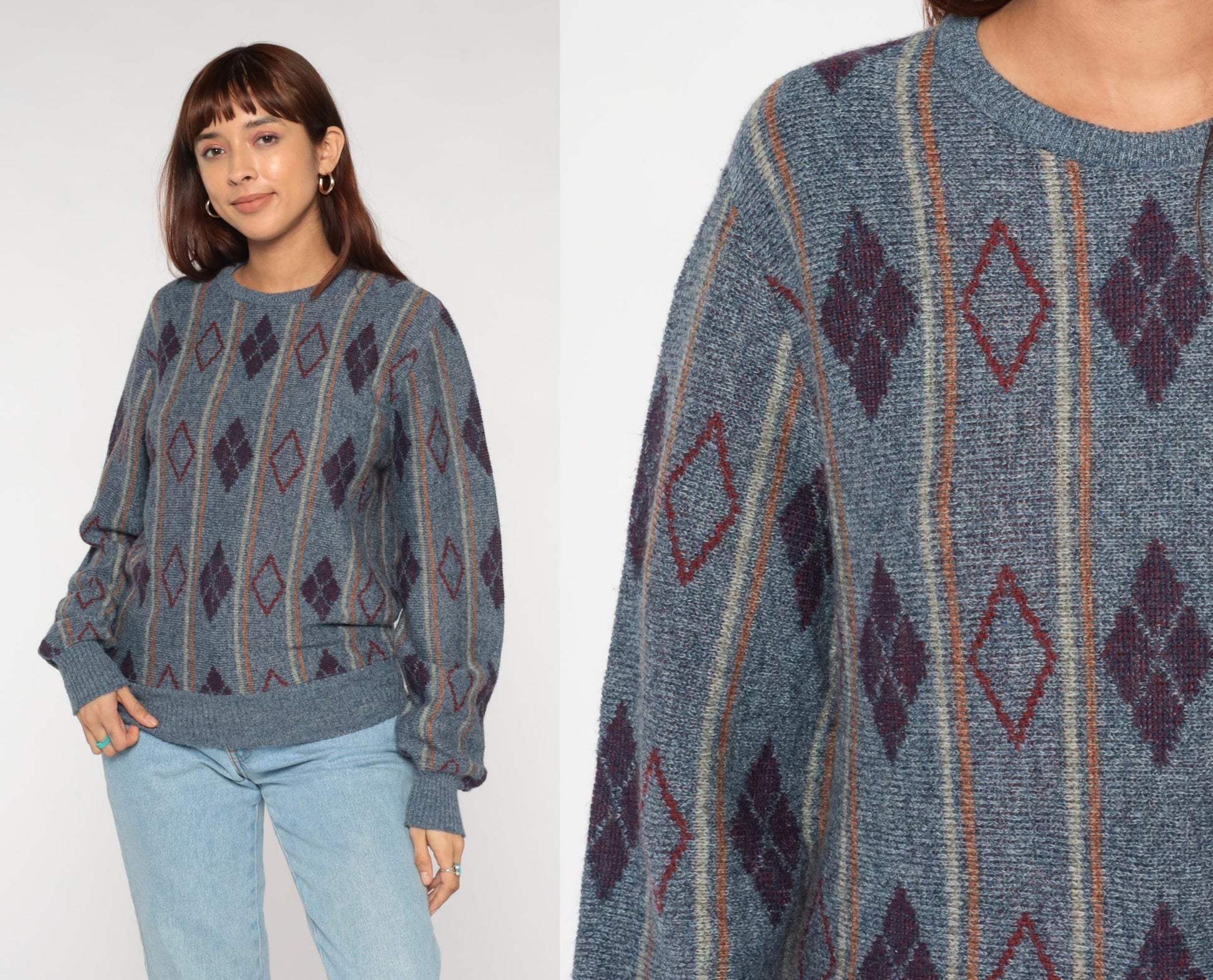 80s Diamond Argyle Wool Mohair Sweater Crewneck Blue Burgundy Medium