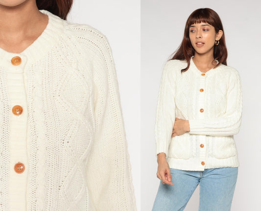 70s Knitivo Cable Knit Cardigan Cream Wood Buttons Pockets Medium M