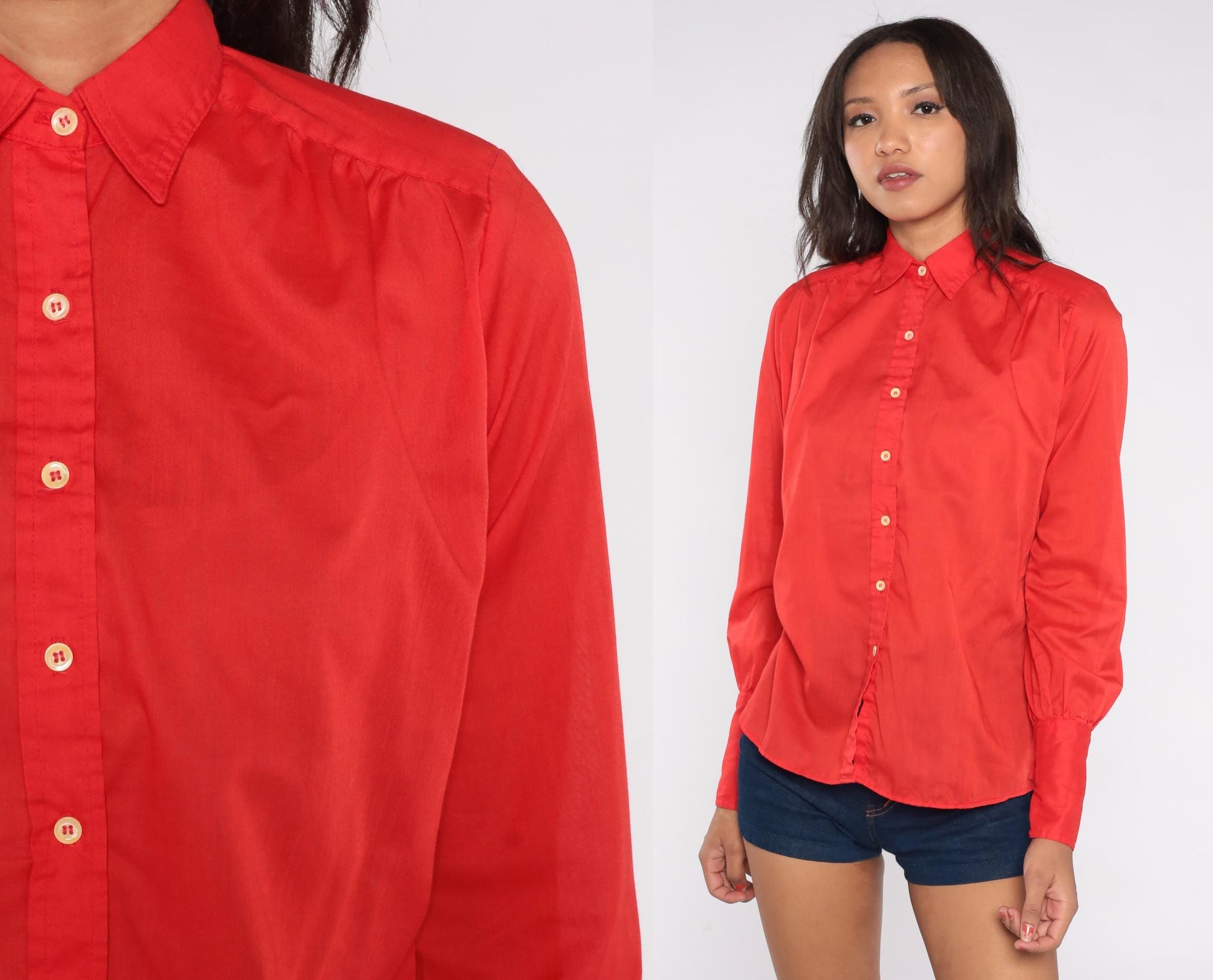 70s JH Collectibles Red Button-Up Shirt Point Collar Long Sleeve Small
