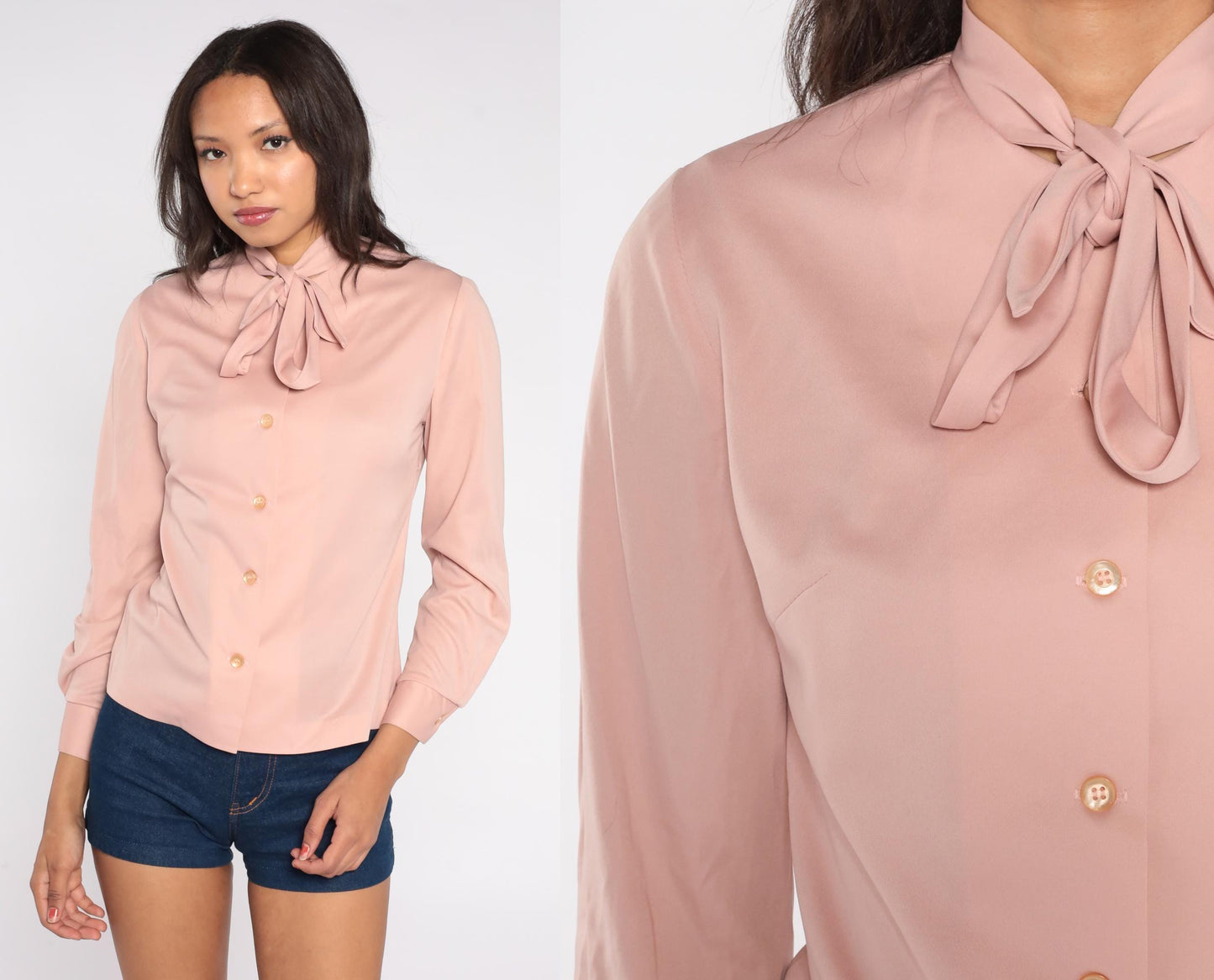 70s Sir Julian Blush Pink Pussy Bow Blouse Long Sleeve Button-Down Small S