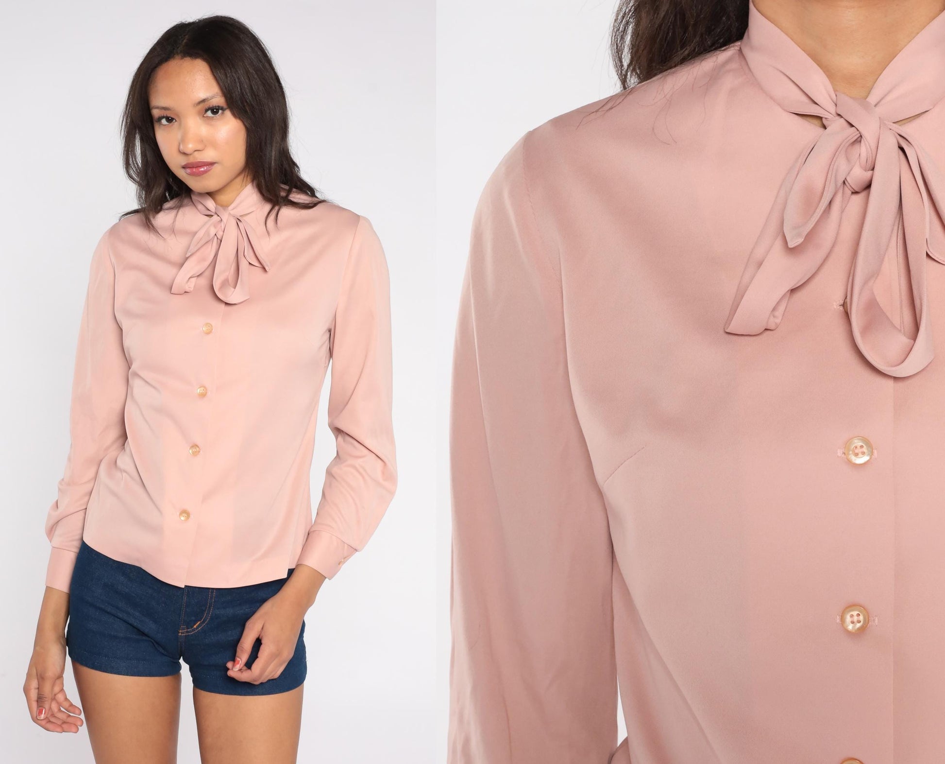 70s Sir Julian Blush Pink Pussy Bow Blouse Long Sleeve Button-Down Small S