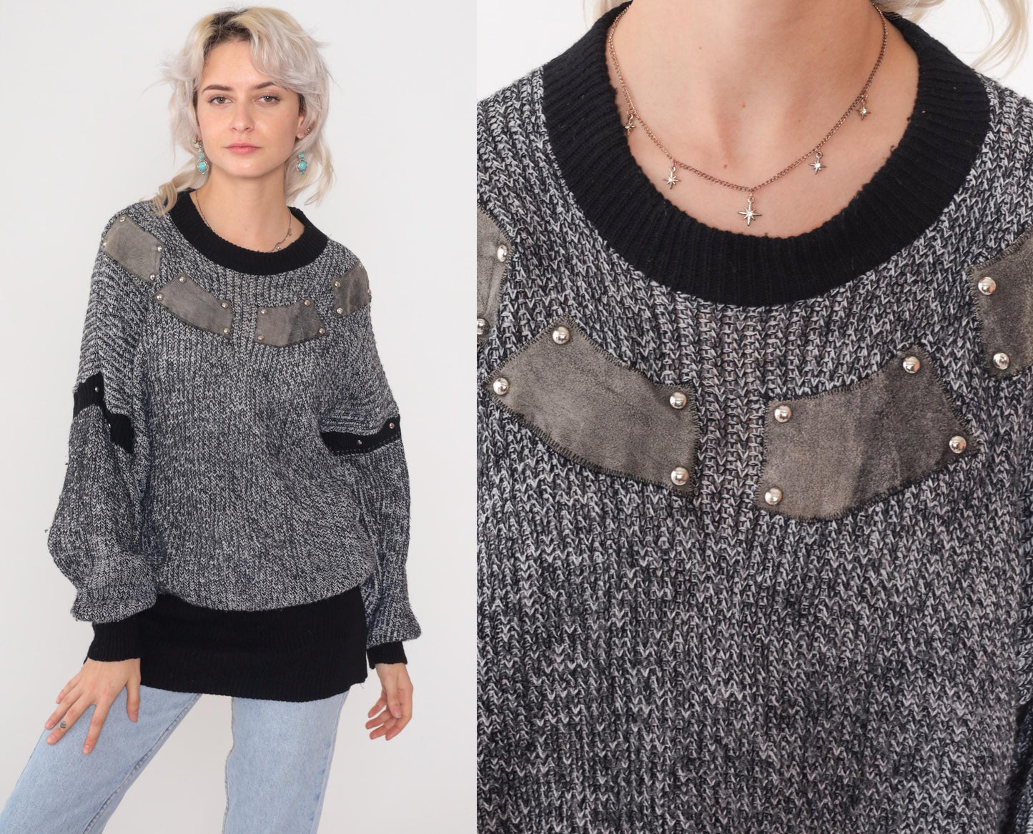 80s Studded Suede Patch Chunky Knit Sweater Grey Black Tunic One Size