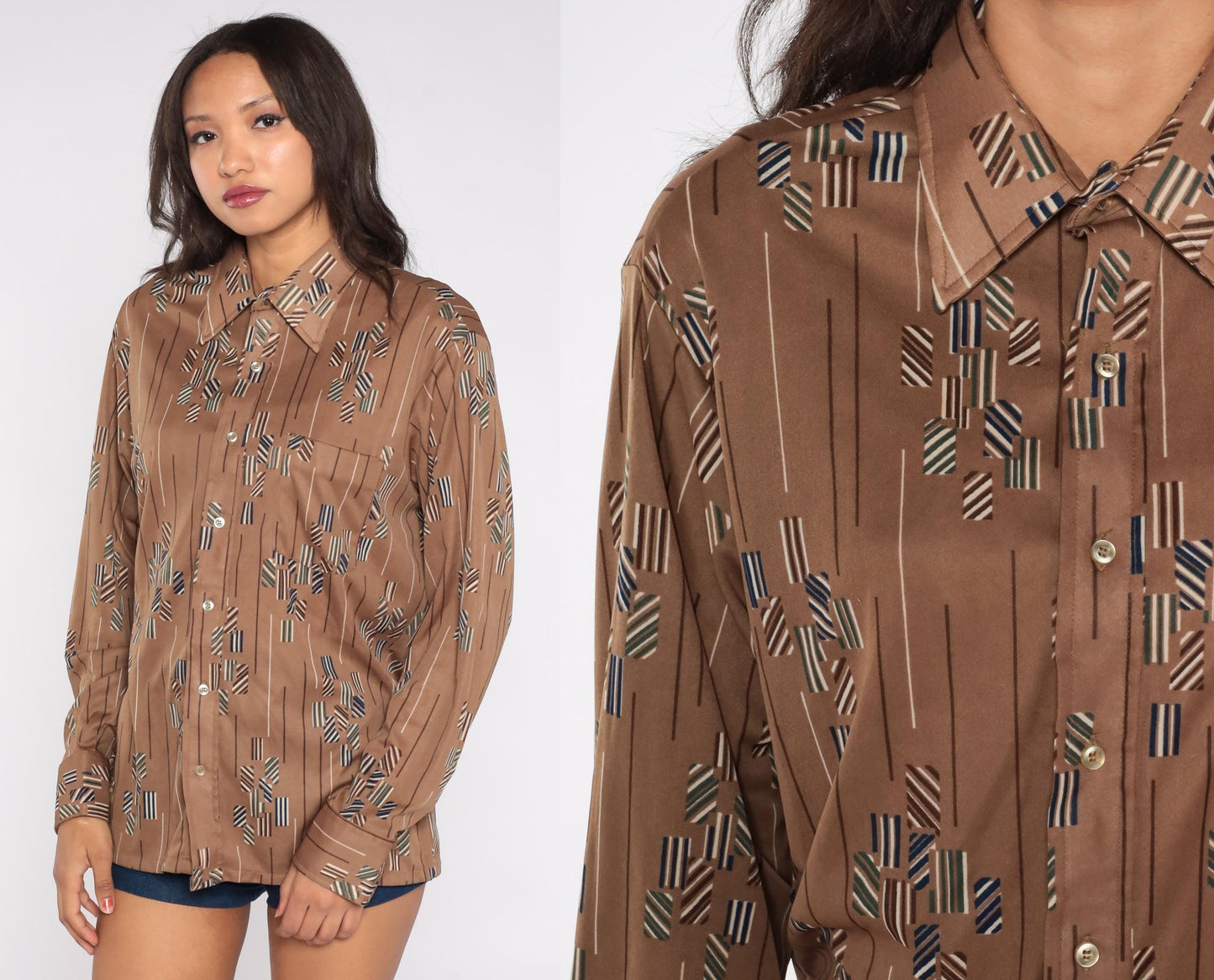 70s Moving Up Abstract Geometric Striped Button-Down Shirt Brown Tan Large