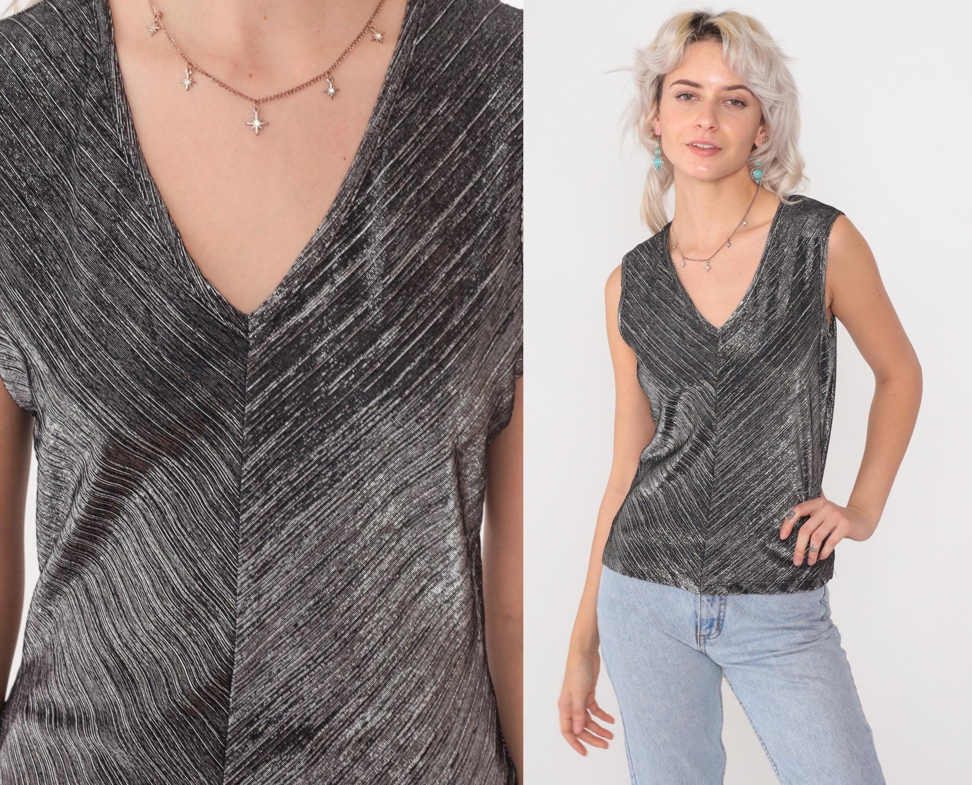 90s David Benjamin Silver Metallic Chevron Tank Top Black V-Neck Small S