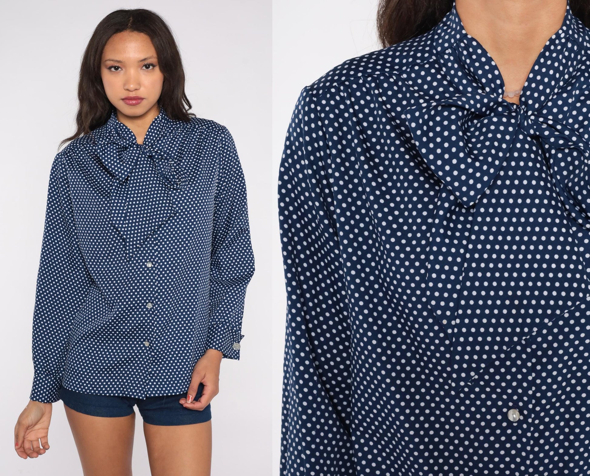 80s Navy Polka Dot Button-Down Blouse White Dots Pussy Bow Medium M
