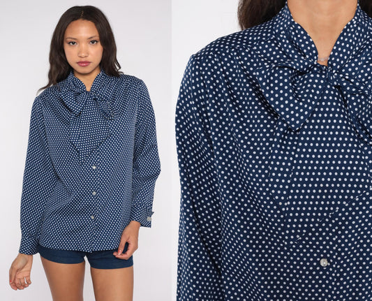 80s Navy Polka Dot Button-Down Blouse White Dots Pussy Bow Medium M