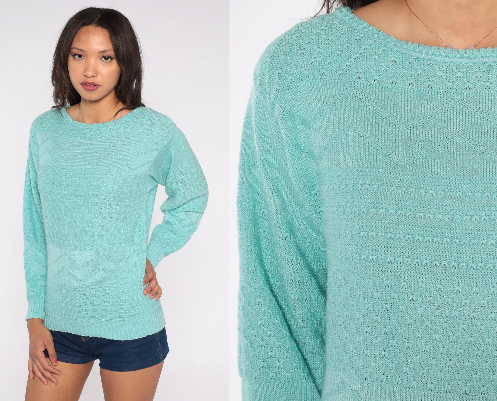 80s Cuddle Knit Mint Green Pointelle Sweater Crew Neck Long Sleeve Medium M