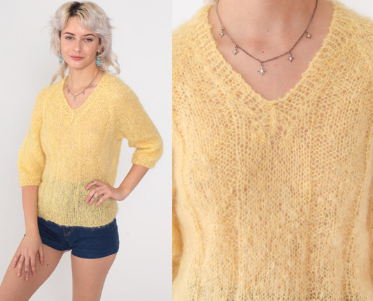 70s Yellow Mohair V-Neck Sweater Cropped 3/4 Sleeve Open Knit Small S