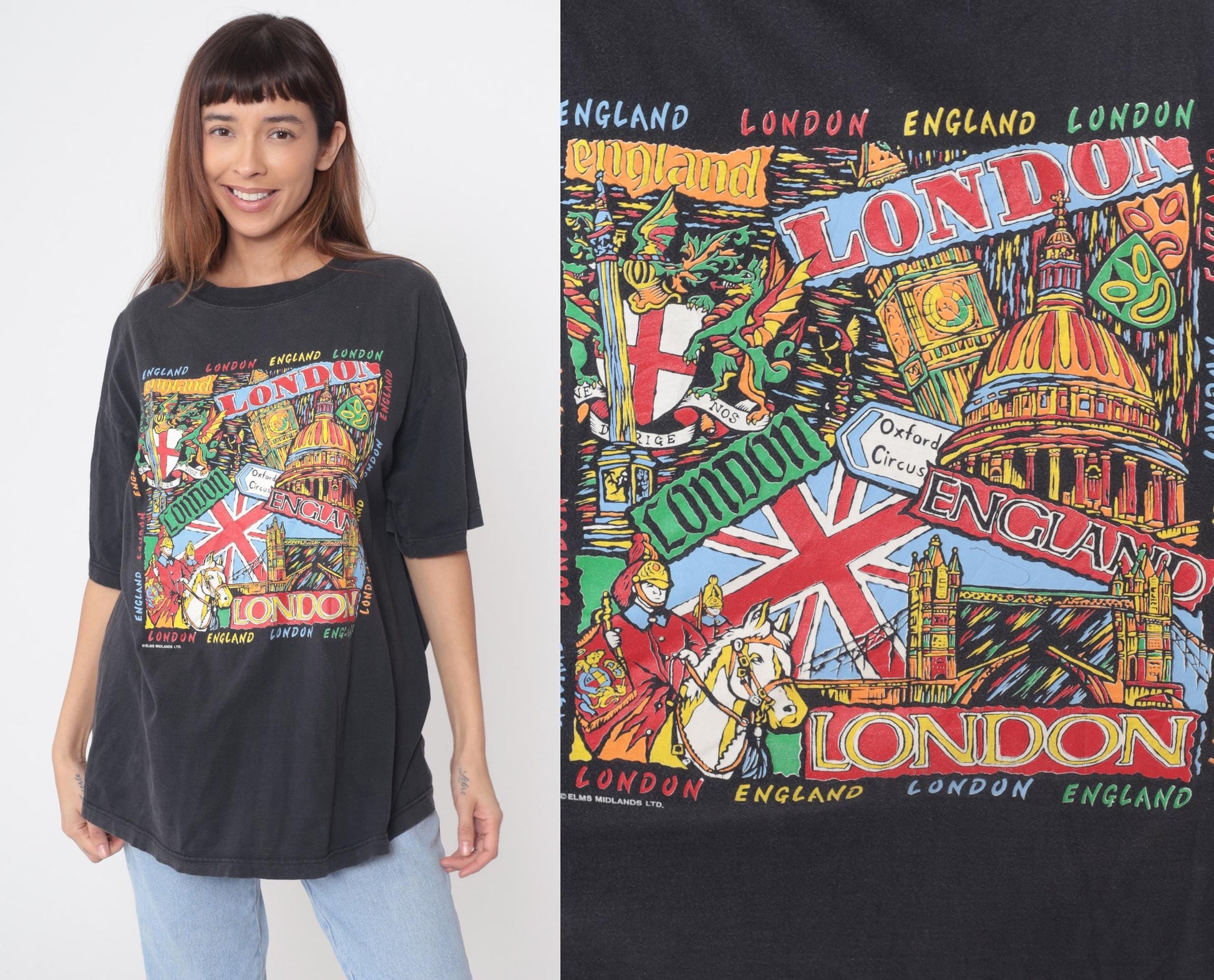 90s London Tourist Graphic Tee Black Union Jack Big Ben Extra Large XL