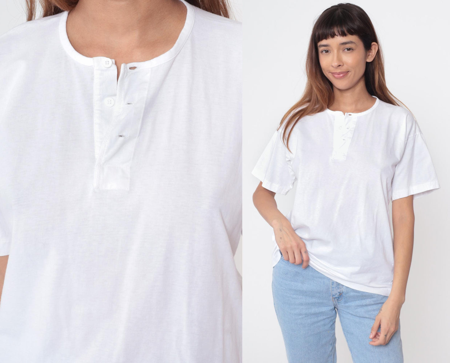 90s Lixin White Henley Cotton T-Shirt Button Placket Short Sleeve Medium