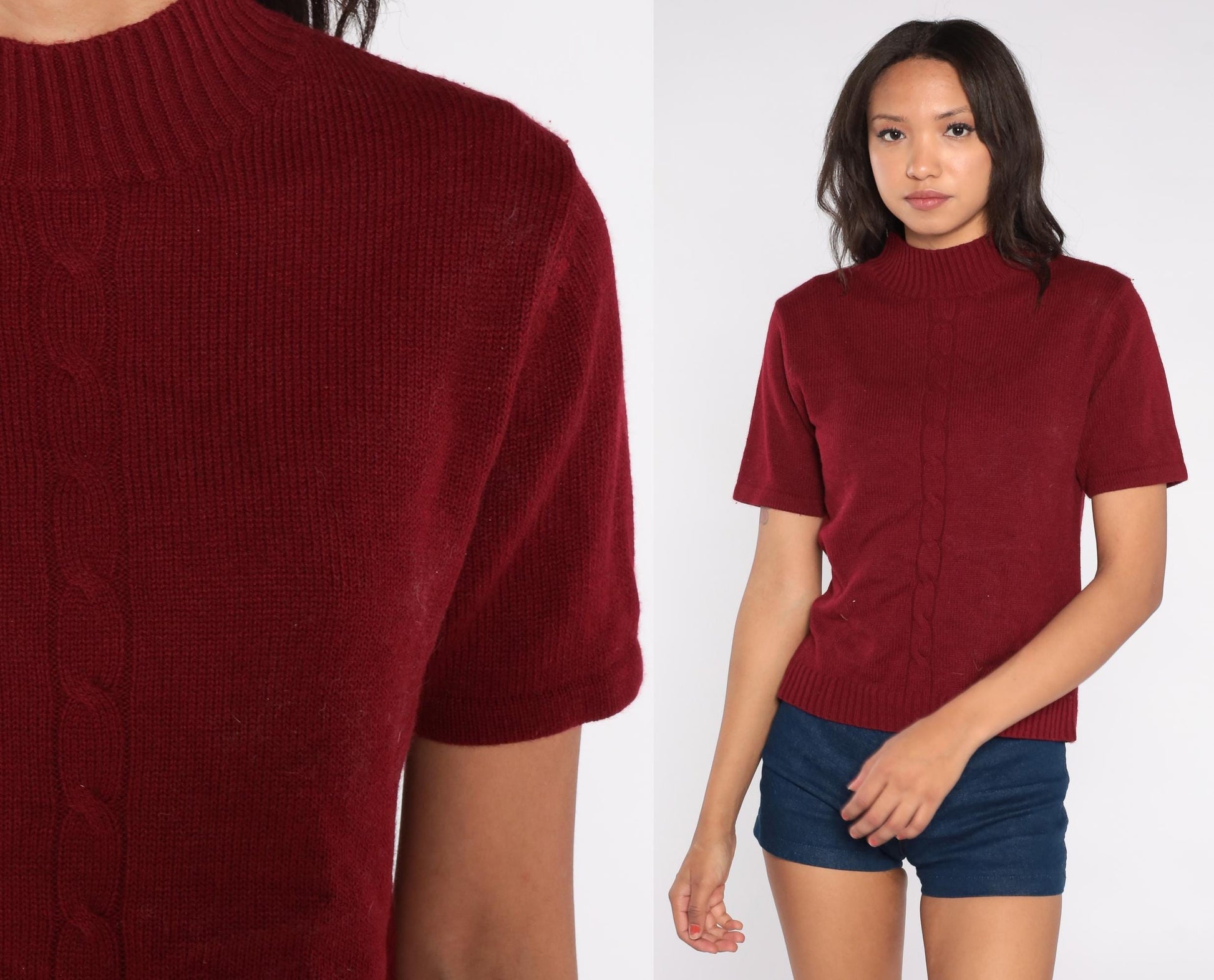 80s Joan Leslie Burgundy Mock Neck Ribbed Knit Top Short Sleeve Large L