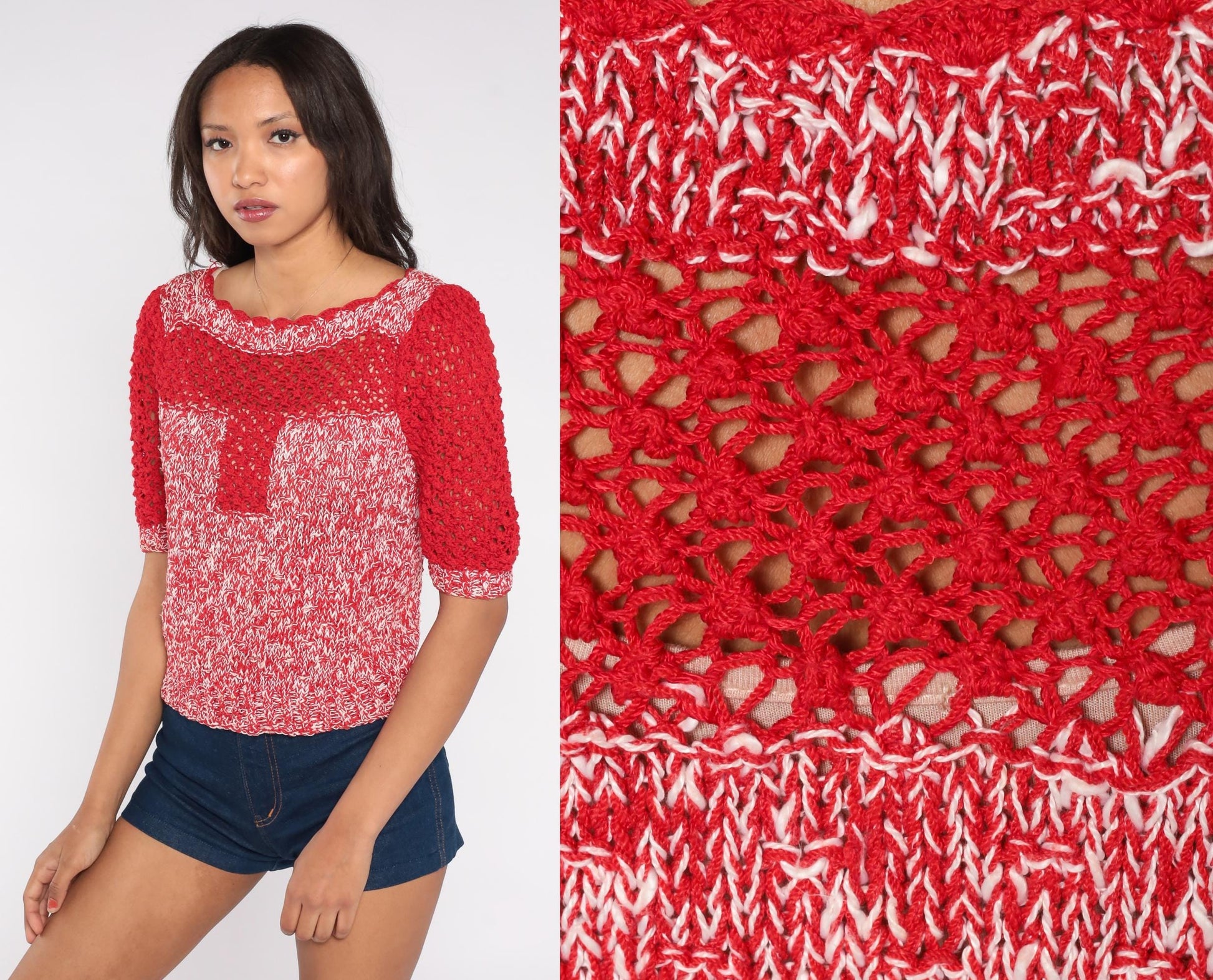 70s Red White Crochet Knit Sweater Short Sleeve Scalloped Trim Cropped Top Medium