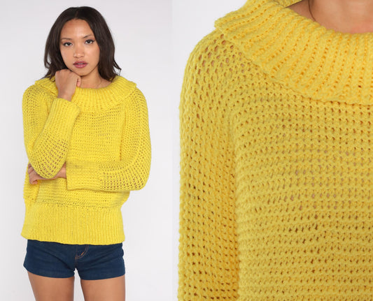 80s Yellow Open Knit Cowl Neck Sweater Long Sleeve Medium