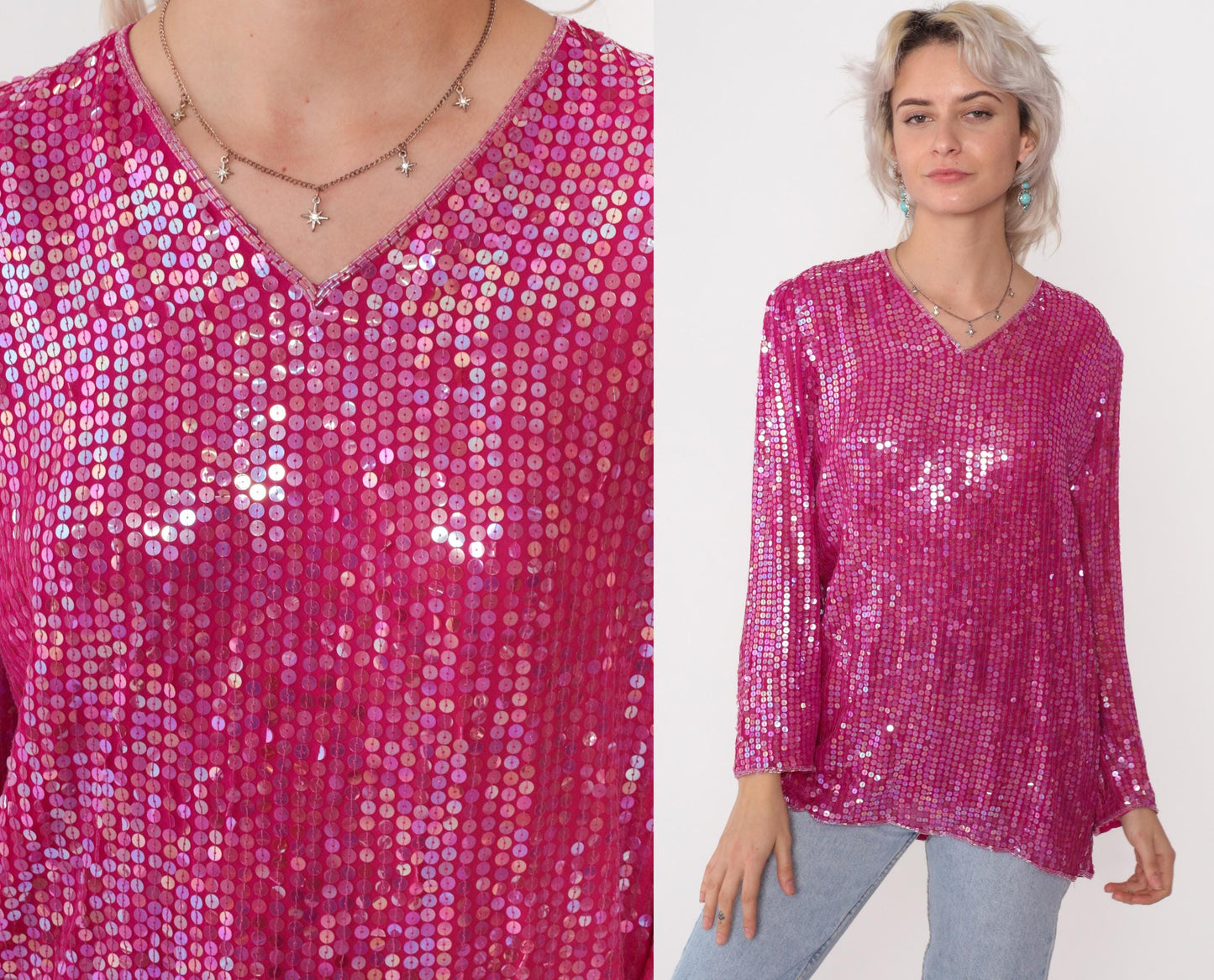 90s Hot Pink Sequin Silk Blouse Iridescent V-Neck Long Sleeve Small