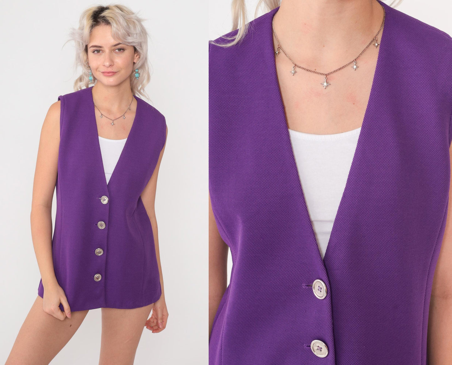 70s Purple Button Front Vest V Neck Textured Knit Sleeveless Waistcoat Medium