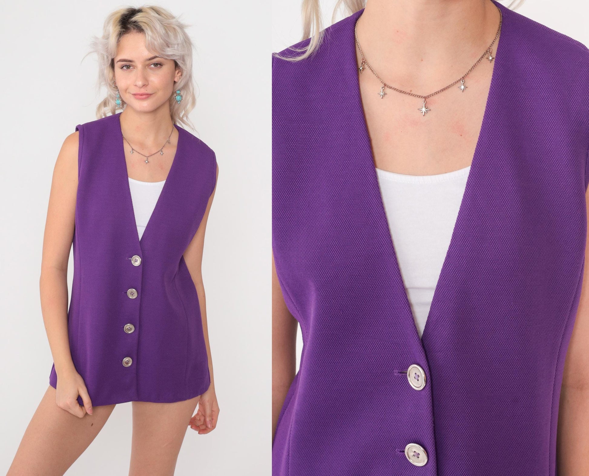70s Purple Button Front Vest V Neck Textured Knit Sleeveless Waistcoat Medium