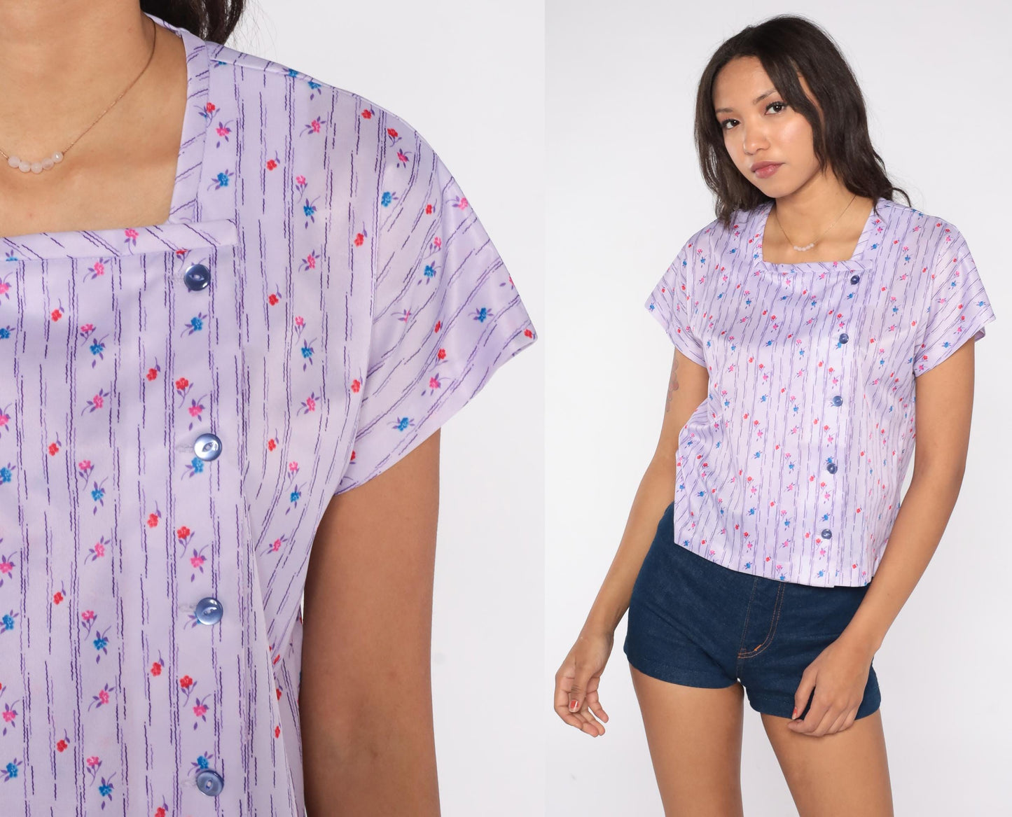 70s Lavender Floral Blouse Purple Striped Square Neck Button Front Short Sleeve Medium