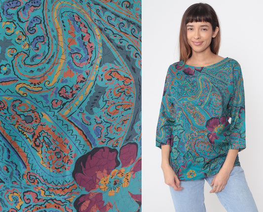 90s Bianca Paisley Floral Blouse Teal Purple Orange Rayon Medium