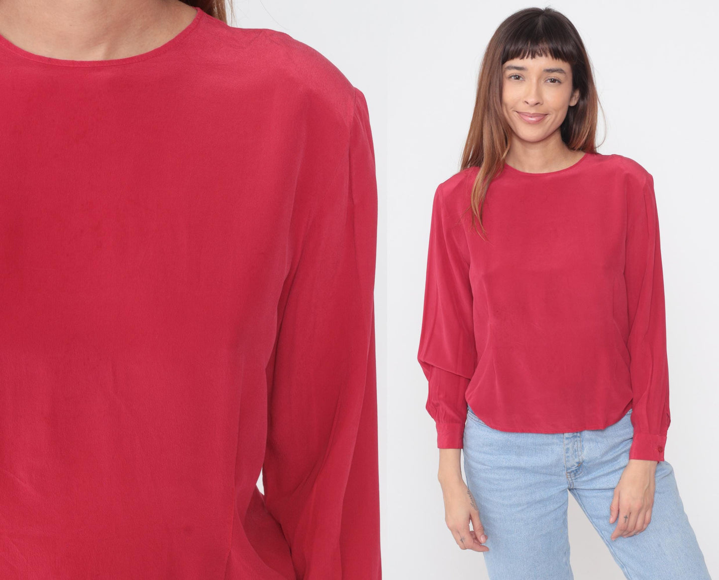 90s Clio Red Silk Blouse Keyhole Back Button Cuff Medium M