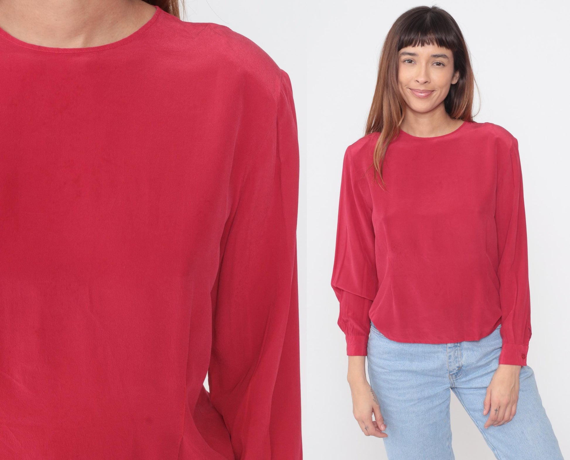 90s Clio Red Silk Blouse Keyhole Back Button Cuff Medium M