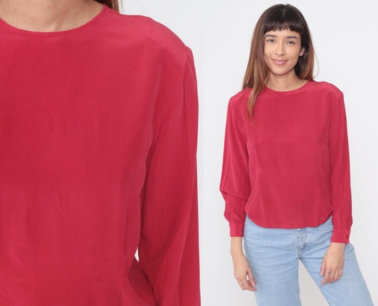 90s Clio Red Silk Blouse Keyhole Back Button Cuff Medium M