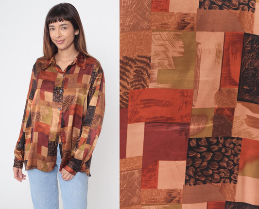 90s Abstract Geometric Patchwork Button-Up Shirt Brown Rust Long Sleeve Large
