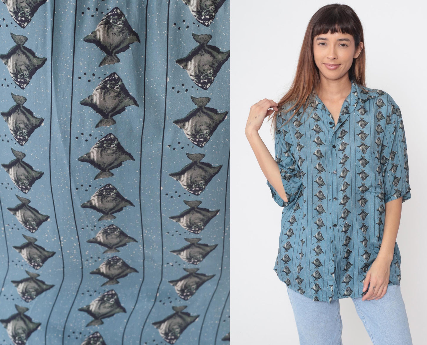 90s Bruno Silk Fish Print Button Down Shirt Blue Medium M