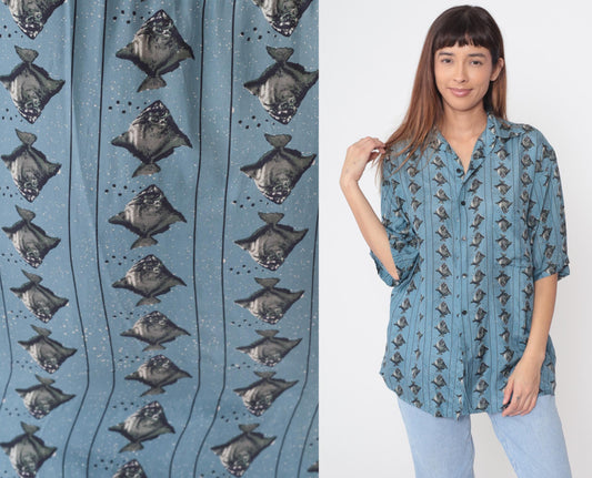 90s Bruno Silk Fish Print Button Down Shirt Blue Medium M