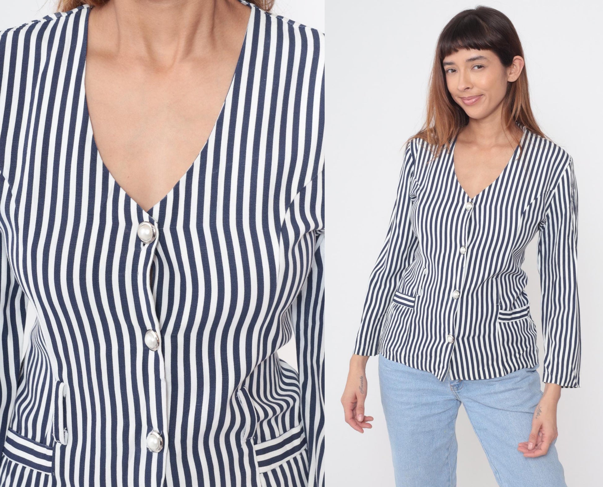 80s Nautical Striped Button-Front Blouse Navy White Pearl Buttons Medium