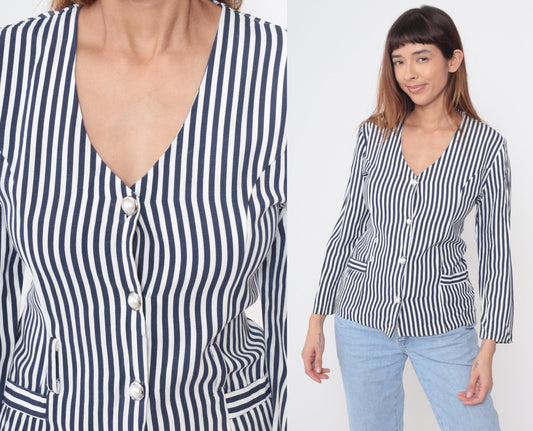 80s Nautical Striped Button-Front Blouse Navy White Pearl Buttons Medium