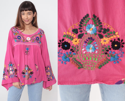 90s Embroidered Bell Sleeve Blouse Fuchsia Floral Cotton Tunic Medium M